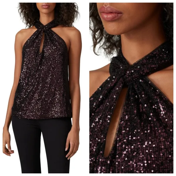 Parker Dallas Sleeveless Twist Halter Lined Burgundy Sequined Top Size Medium - Image 7