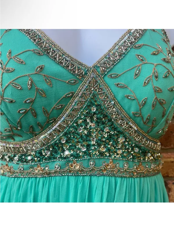 Vintage Stenay Green Gold Beaded Silk Fit & Flare Pleated Midi Dress Size 14 - Image 12