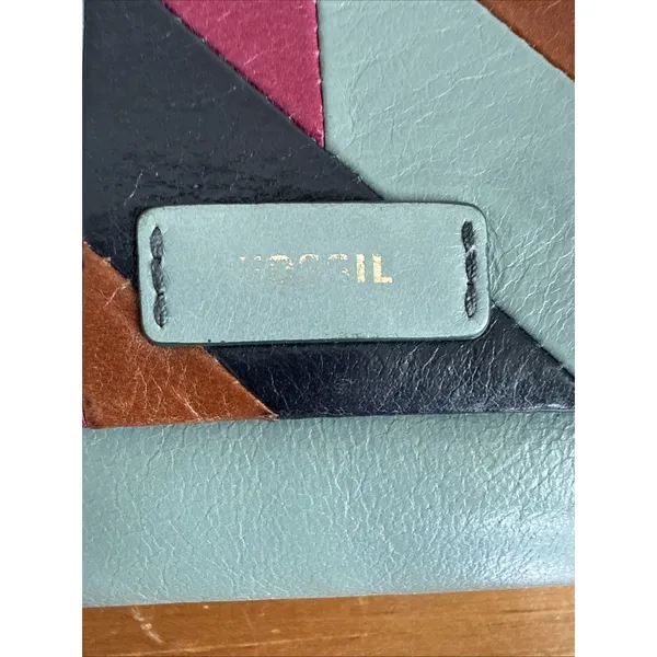 Vtg Fossil Patchwork Soft Leather Teal Wallet Snap‎ Close Zipper Colorblock-Read - Image 13