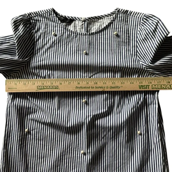 Zara Navy and White Striped Blouse Poplin Bell Sleeves Pearl Accent 3/4 Sleeves‎ - Image 9