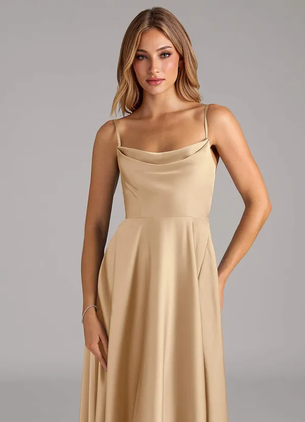 Azazie Elle Stretch Champagne A-Line Pleated Stretch Satin Dress - Image 2