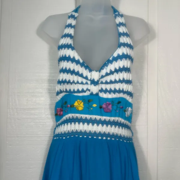Blue and White Crochet Bodice Halter Top Sundress No Size EUC - Image 3