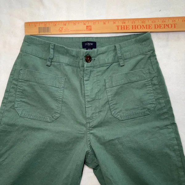 J Crew Lizzie Wide Leg Pants Linen Cotton Olive Green Womens 25 Patch Pockets - Image 6
