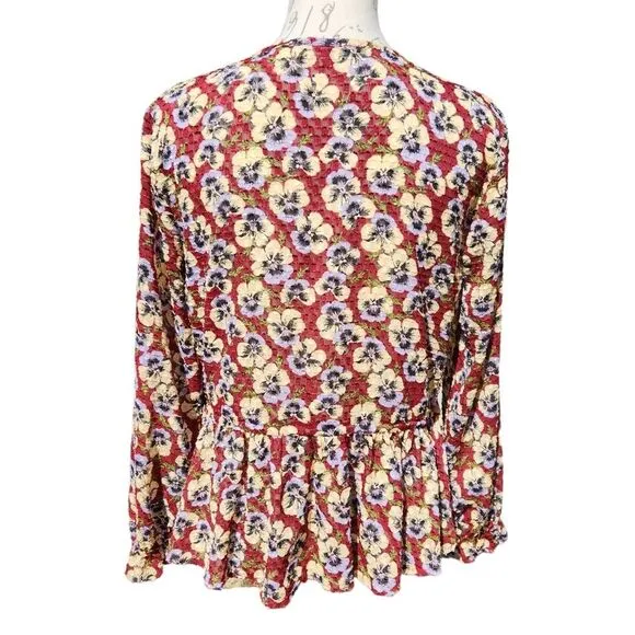 Madewell -565 Drawstring Ruffle-Hem‎ Top Blouse in Viola Floral Burgundy Medium - Image 4