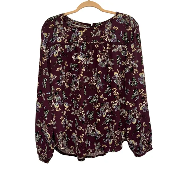 LOFT Floral Blouse XL Burgundy‎ Long Sleeve Boho Peasant Top Lightweight Women - Image 2