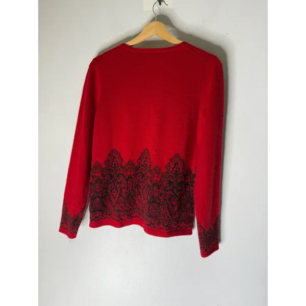 Charter Club Women Red 100% Cashmere Cardigan Sweater Black Lace Print Medium - Image 2