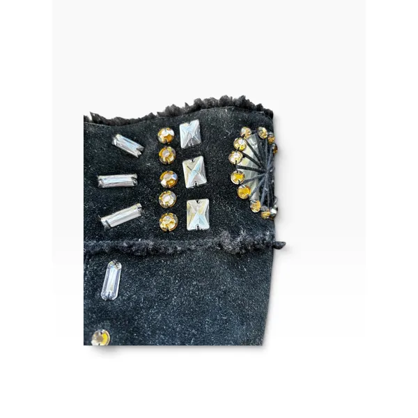 Tory Burch Moccasin Boots 8 Black Suede Crystal Rhinestone Tall Boho Sherpa - Image 5