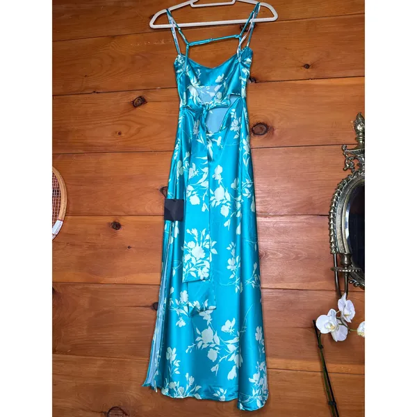 NWT Lulus Glamorous Efforts Aqua Floral Print Tie-Back Midi Dress Cruise Sz XS - Image 6