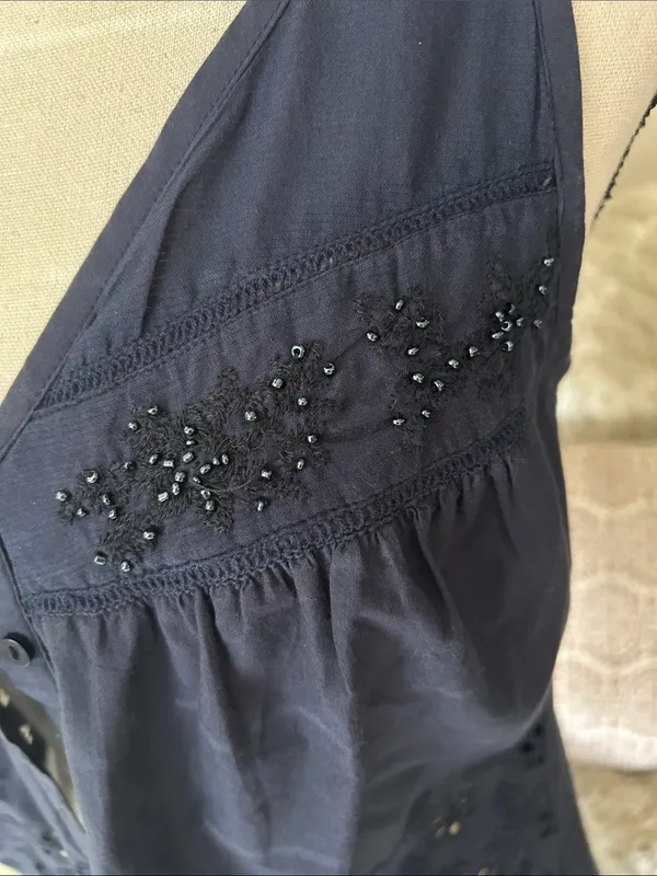 Boho western cottage navy cotton Beaded button down v neck blouse tank top M - Image 2