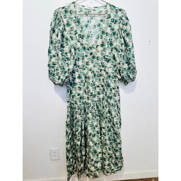 MARYSIA Green White Floral Printed 100% Cotton Drop Waist Imperialis Dress M - Image 3