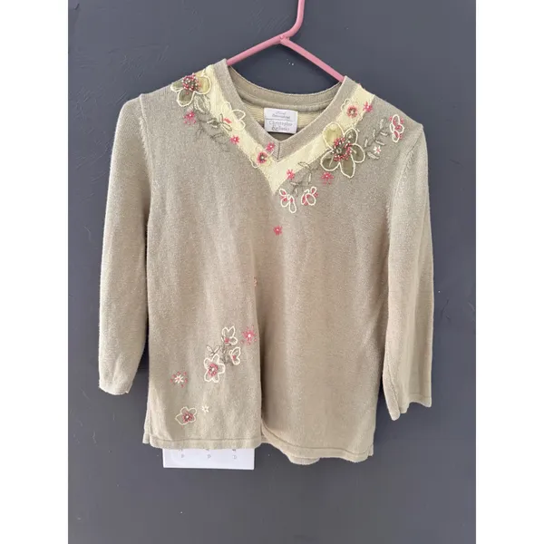 Christopher & Banks Vintage Cottage Green Floral Hand Embroidered Beaded Sweater - Image 2