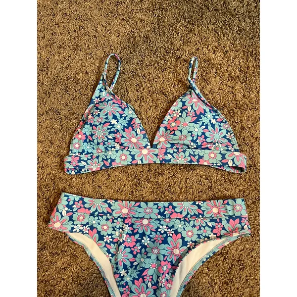 Tropical Floral Bikini‎ Set Blue Pink Girly Summer Resort Beachwear Size Large - Image 3