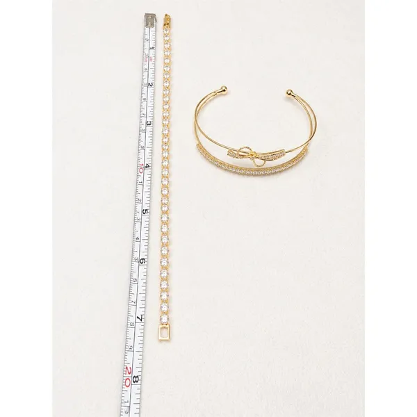 2pc Gold CZ Bracelet Set 7in Tennis Bracelet + cute bow Bangle Cuff stainless - Image 2