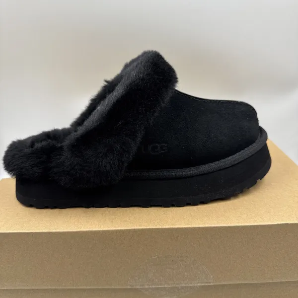 UGG Disquette Black Suede Fur Cuff Slide Platform Slipper Shoes Size 7 Women New - Image 6