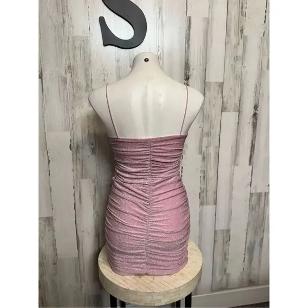 Pink Glitter Ruched Bodycon Mini Dress Spaghetti Strap Party Club Size S - Image 7