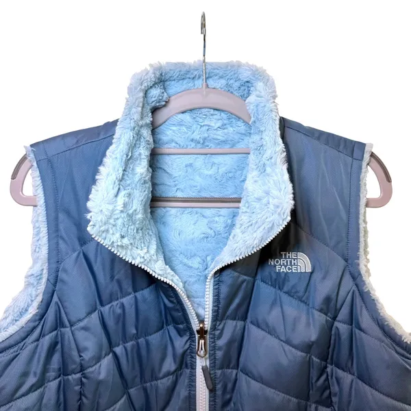 The North Face Womens Reversible Mossbud Swirl Vest Blue Quilted Fleece‎ Medium - Image 3