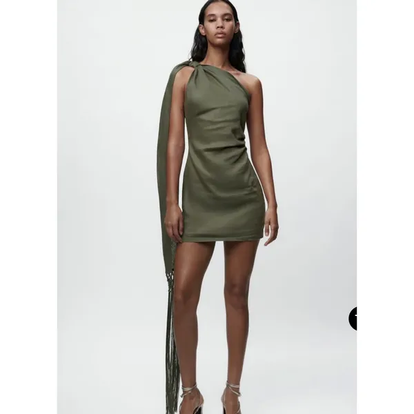 Zara Women 100% Linen‎ Mini Dress Green One Shoulder Macrame Fringe Tassel - Image 2