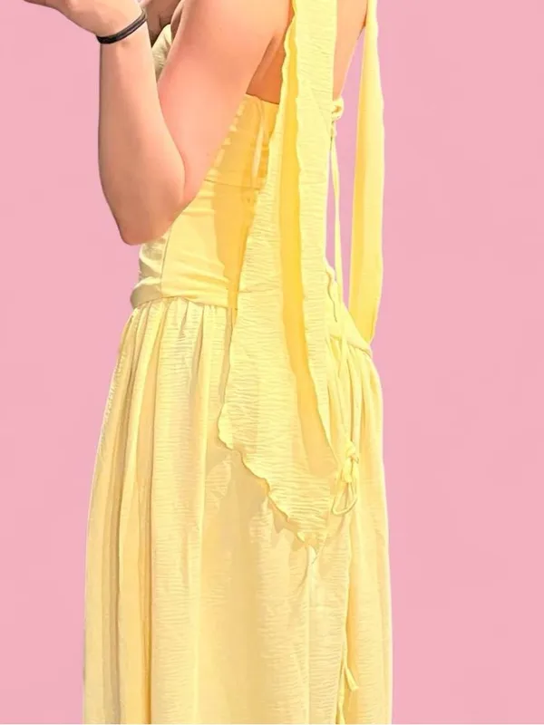 yellow strapless maxi dress with high side slit and dupatta neck scarf - Image 3