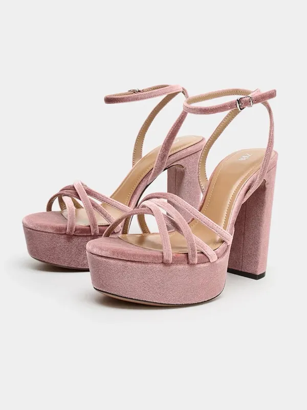 Zara Pink Velvet Platform Block Heel Sandals - Image 4
