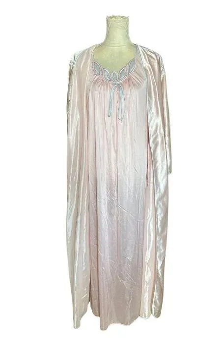 Vintage Lorraine Peignoir Set | Blush Pink Satin Nightgown & Robe | 1980s Embroi - Image 6