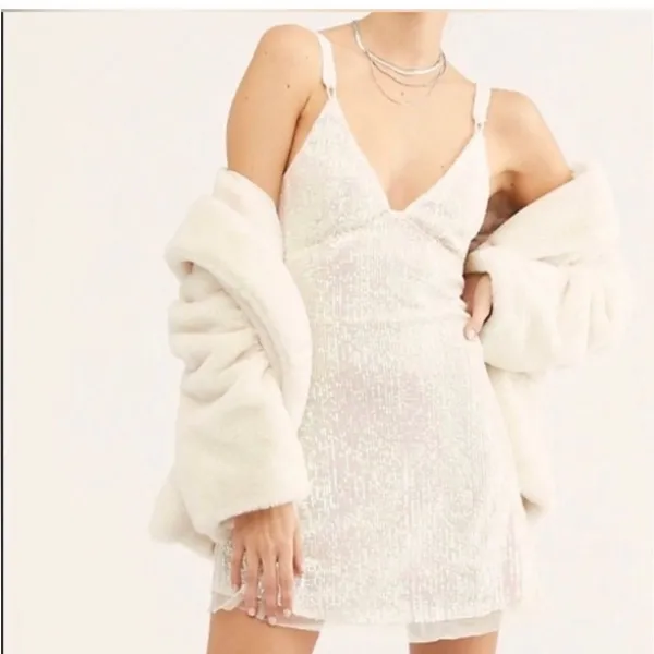 FREE PEOPLE Gold Rush Sequin Mini Dress Iridescent Sheer Cream Size Medium New‎ - Image 6