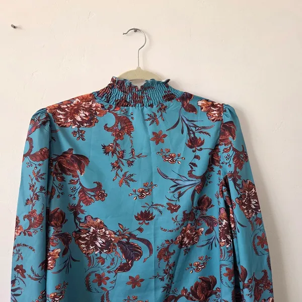 SheIn Blue Floral Blouse Top Smocked Ruched High Neck Boho Indie Gypsy Modest Medium - Image 8