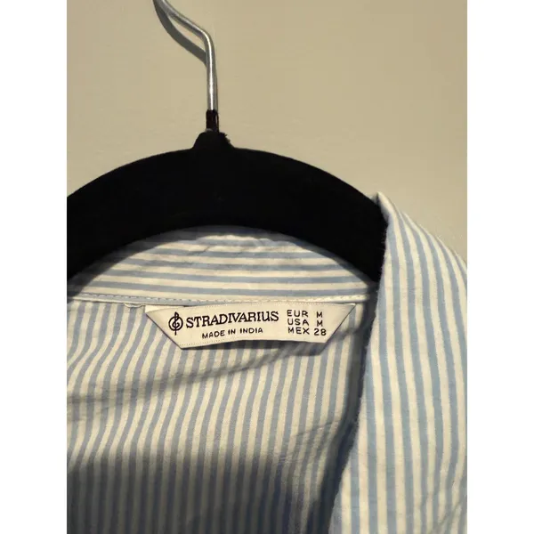 Stradivarius Women Blue White Striped Cropped Cotton Button Down Shirt Size M - Image 2