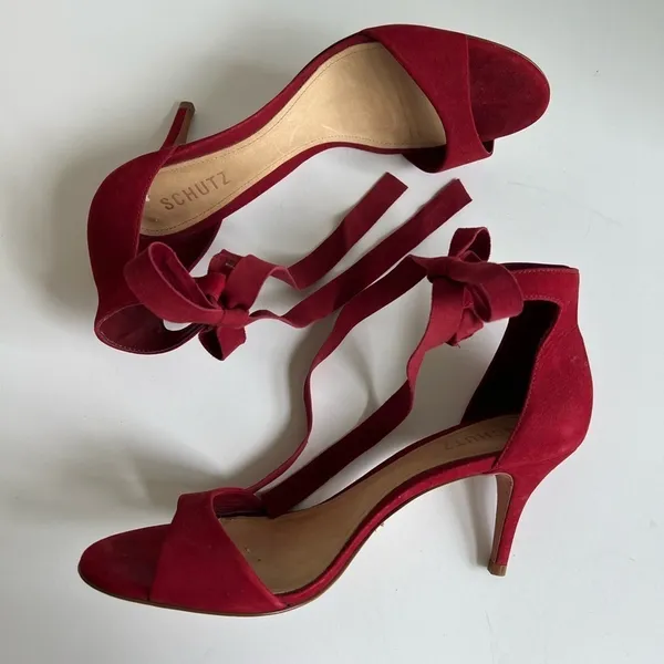 Anthropologie Schutz Tilan Red Suede Ankle Tie Stiletto Heels Women's Size 9 - Image 5