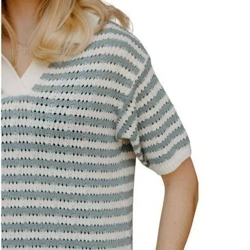 Miou Muse Striped Open Knit Midi‎ Dress Collared Blue/White Size M NEW Nautical - Image 10
