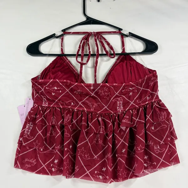 Wild Fable Burgundy Western Cowboy Print Halter Babydoll Peplum Top Red Medium NEW - Image 10