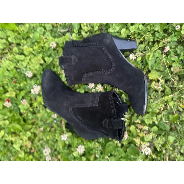 Black Suede Western Ankle Boots Whipstitch Pointed Toe Cone Heel Booties - Image 2