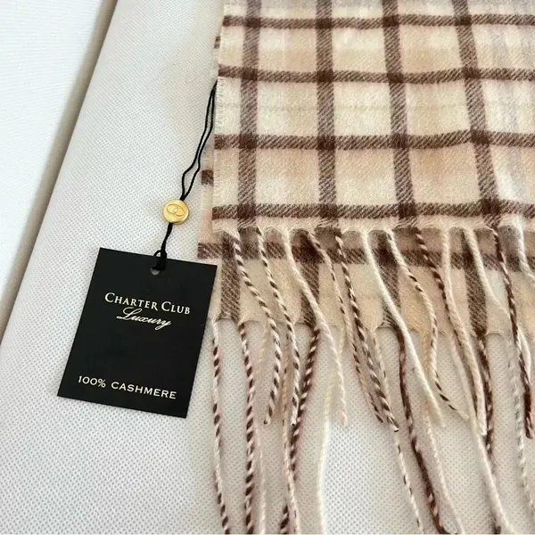 Charter Club Luxury Cashmere Plaid Scarf Ivory Neutral 2-Ply Lightweight Unisex - Image 5
