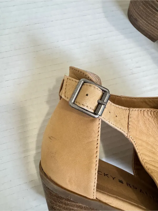 Lucky Brand Tan Leather Peep Toe Ankle Boots Womens 8 Casual Fall Buckle Heeled - Image 10