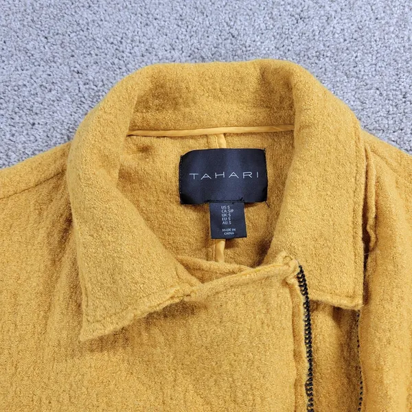 Tahari Womens Moto Jacket Small Yellow Wool Blend Boucle Zip Up Pockets - Image 3