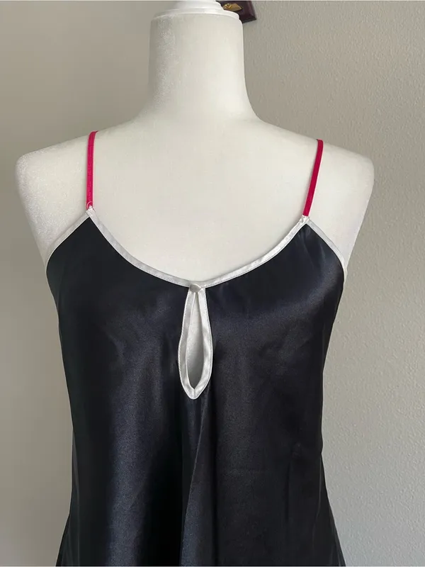 Vintage Victoria's Secret Black Satin Chemise with Pink Straps and White Trim - Image 2