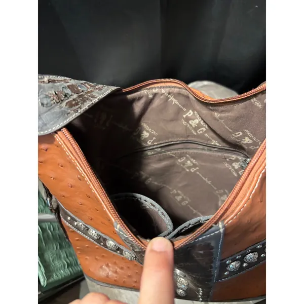 Western Ostrich Croc Embossed Studded Hobo Shoulder Bag Cognac Brown Horsebit‎ - Image 10