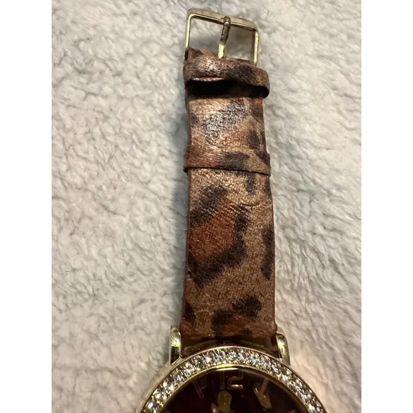 Adrienne Leopard‎ Print Quartz Watch With Rhinestone Bezel & Leather Band - Image 5