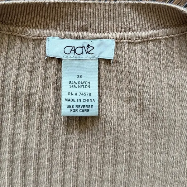 Vintage Cache Y2K Braid Collar 3/4 Sleeve Rib Knit Tan Sweater Minimalist - Image 4