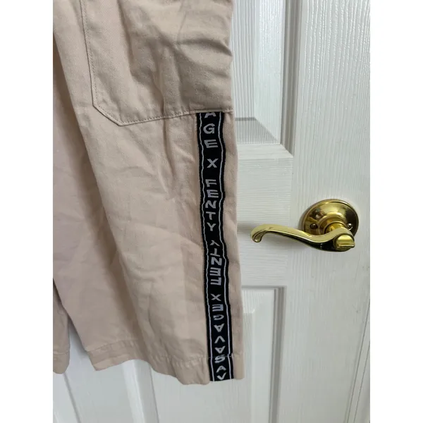 Savage X Fenty‎ Beige Cargo Pants Size S Elastic Waist Logo Tape Casual Lounge - Image 5