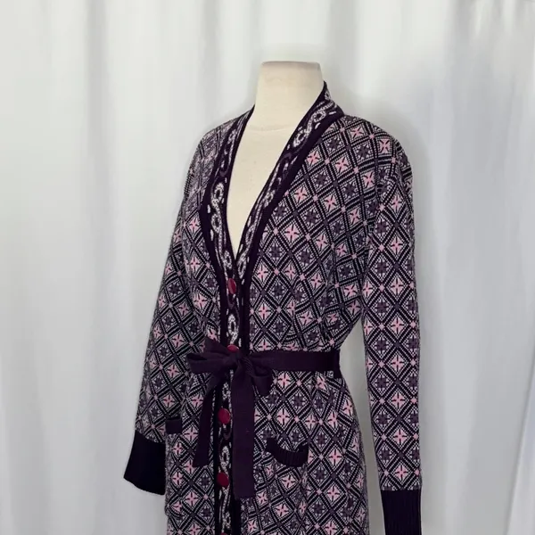 COSY WOOL‎ by Elson Purple Geometric Cardigan Sweater Belted Tie Waist Size 38 - Image 7
