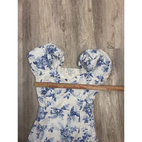& Other Stories Blue White Floral Toile Linen Puff Sleeve Midi Dress Size 6 - Image 7