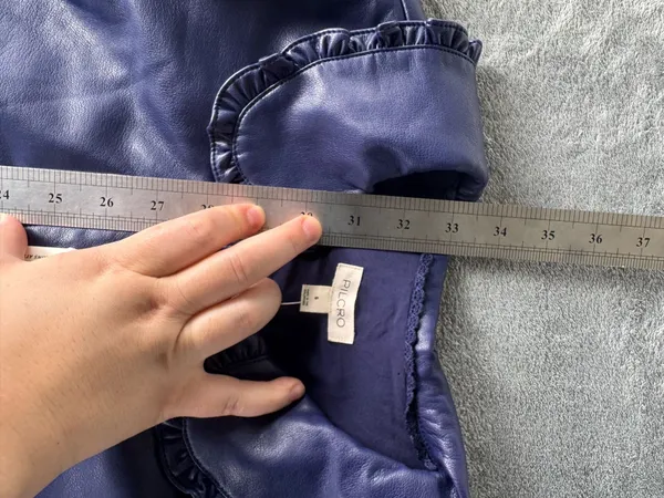 Anthropologie Pilcro Navy Faux Leather Button Front Mini Dress S Collared Puff Sleeve Pockets - Image 12
