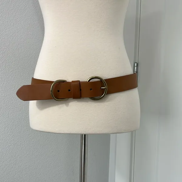 Cognac Brown Genuine Leather Wide Waist Belt Gold Circle Buckle 40" - Image 2