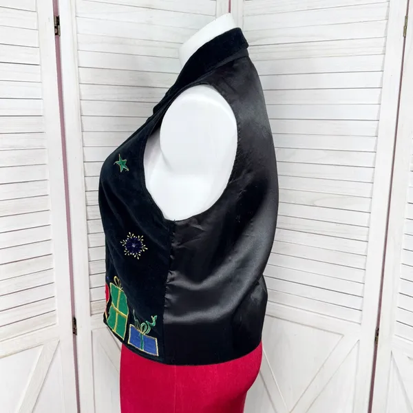 Vintage 90s DressBarn Velvet Embroidered‎ Christmas Button Up Vest Top Black XL - Image 2