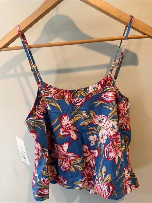 A New Day XS Blue Tropical Floral Coquette Linen-Blend Strappy Cropped Tank Cami - Image 9