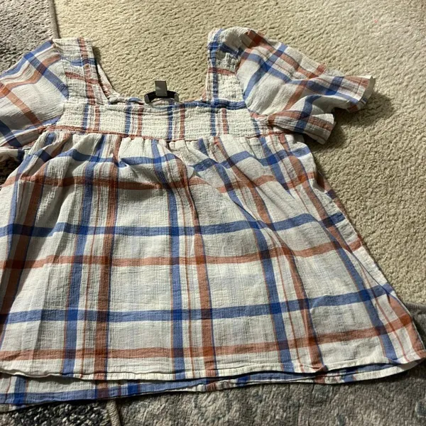 Alexander Jordan Blouse‎ Cream/Multi Plaid, sz M - Image 5