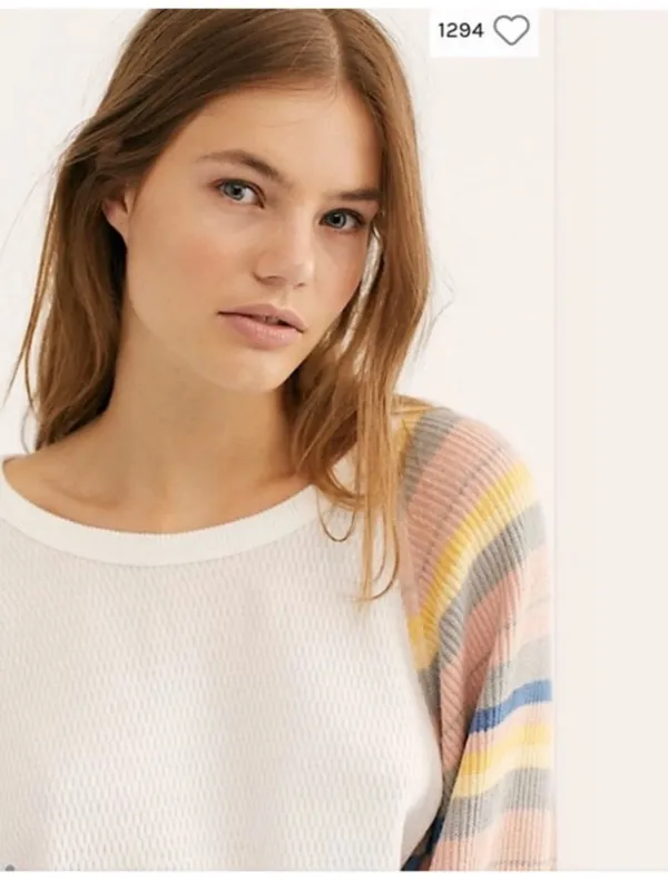 Free People Rainbow Dreams Balloon Sleeve Thermal Knit Blouse, EUC, Medium - Image 4