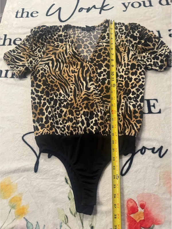 Modern animal-print bodysuit with a wrap neckline by "a... love story," size S - Image 4