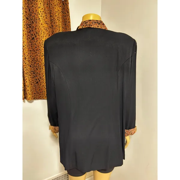 Vintage 90s Leopard Print 2 Piece Skirt Suit Set Black Rayon Blazer Midi Skirt - Image 4