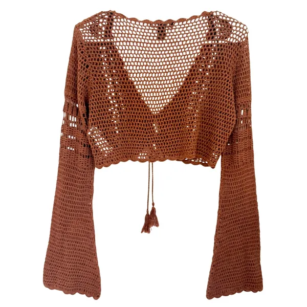 Forever 21 Retro Crochet Knit Bell Sleeves Crop Top 100% Cotton Size Small Brown - Image 2